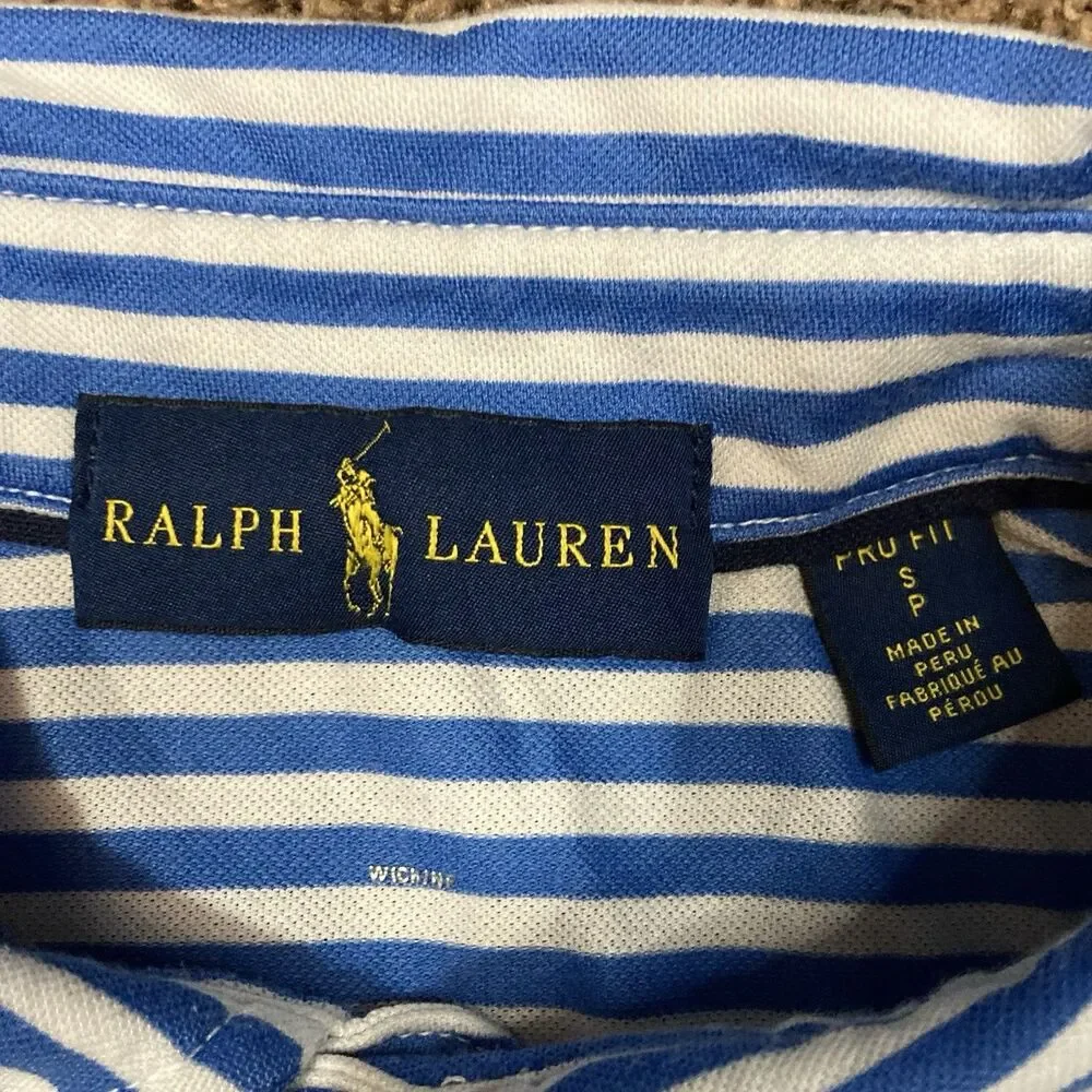 Ralph Lauren Polo Shirt Mens S Blue White Striped Pro Fit Short Sleeve Cotton